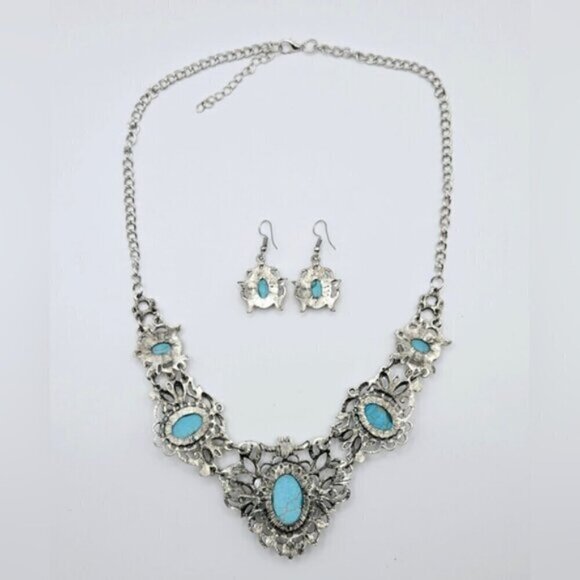 Boho Silver Filigree Faux Turquoise Statement Bib Necklace & Earring Set - Picture 10 of 10